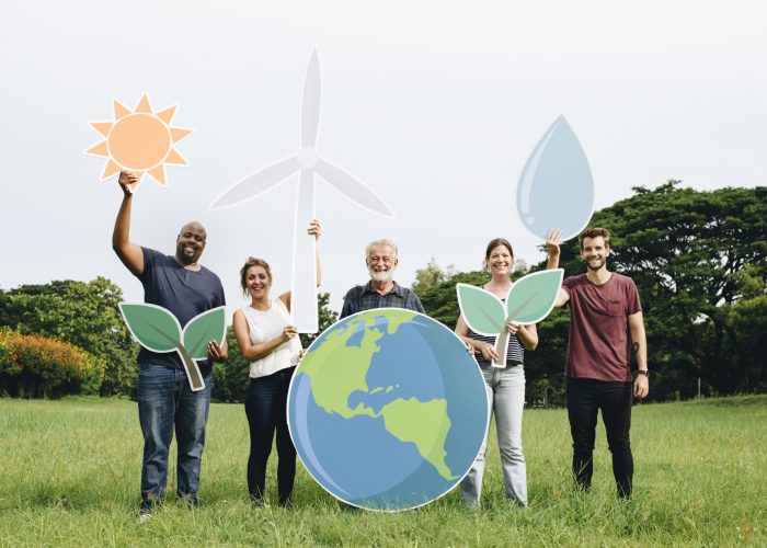 Cheerful people with energy conservation icons